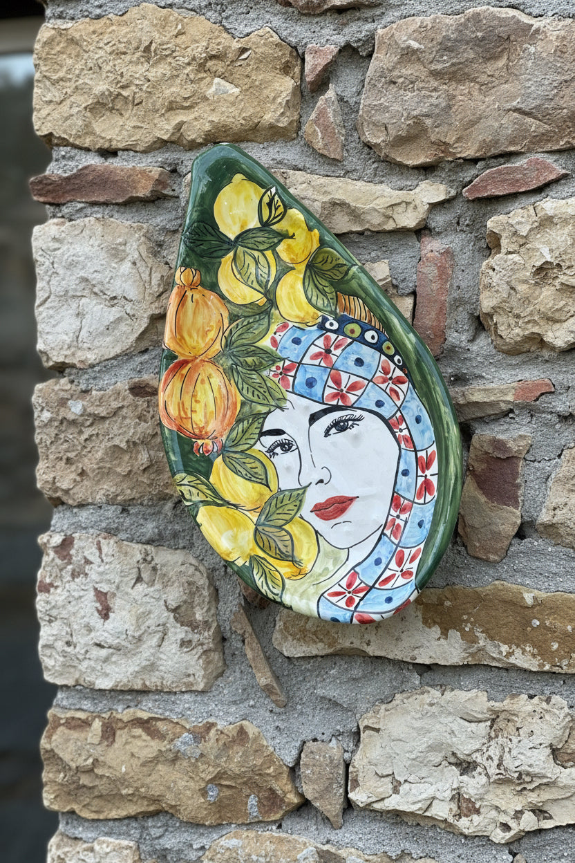 Pala di fico d'india con volto in ceramica siciliana - 39 cm - modello 1